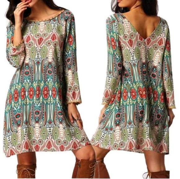 - Dresses & Skirts - Long Sleeve Boho Print Midi Dress